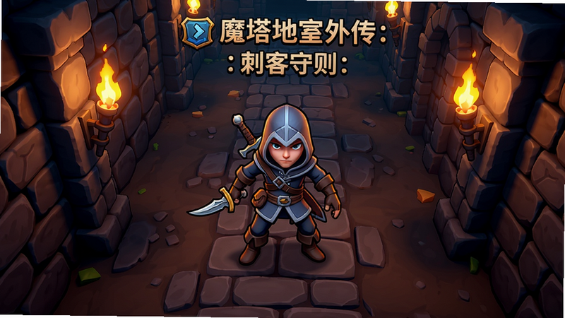 魔塔地牢外传:刺客守则游戏主界面,一个刺客角色站在昏暗地牢走廊中央,手持匕首,背景是石墙和火炬,画面采用俯视视角,卡通渲染风格,细节丰富,色彩对比鲜明,适合作为游戏预览图