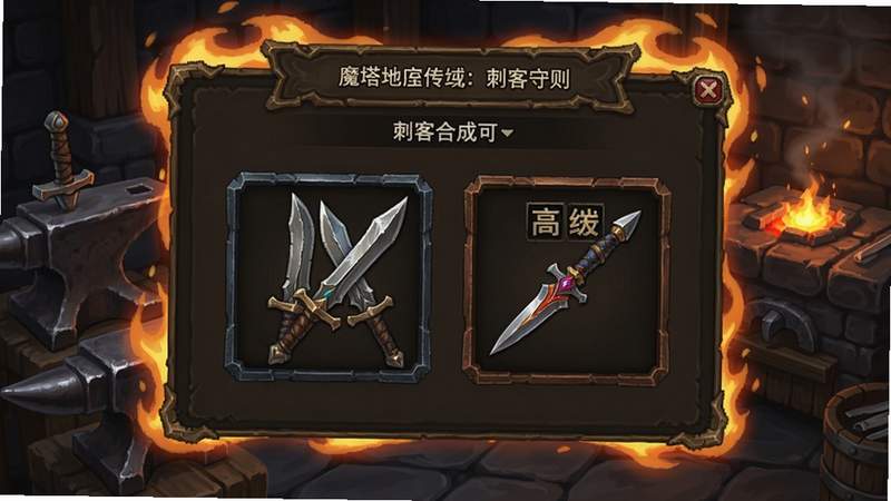 魔塔地牢外传:刺客守则装备合成界面,两把短剑拖入合成槽,产出高级匕首,界面四周有火焰特效,背景是铁砧和锻造台
