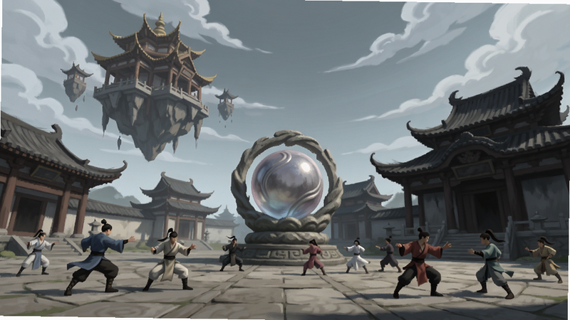 放置修仙录灵珠破劫 门派场景 建筑风格各异 有悬浮在空中的仙宫 也有阴森的魔教大殿 弟子们在广场上切磋 中央有巨型灵珠雕塑 天空飘着祥云 采用低饱和度色彩 表现门派间的不同氛围 适合Boogu模型