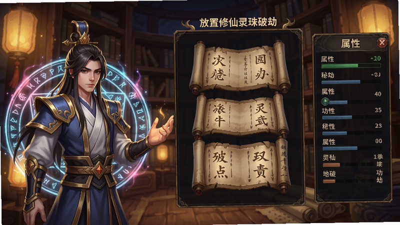 放置修仙录灵珠破劫 功法界面 展示多种功法书卷 左侧是人物角色 周围环绕着法阵光芒 右侧有属性面板 背景是古色古香的书架与灯笼 使用暖黄灯光 凸显功法秘籍的神秘感 适合Boogu模型