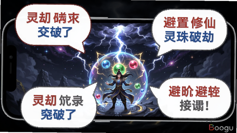 放置修仙录灵珠破劫 手机屏幕展示游戏 周围有避坑提示气泡 画面中央是角色正在渡劫 天劫雷光与灵珠护盾 背景为暗色星空 提示文字采用红蓝灰三色标注 适合Boogu模型