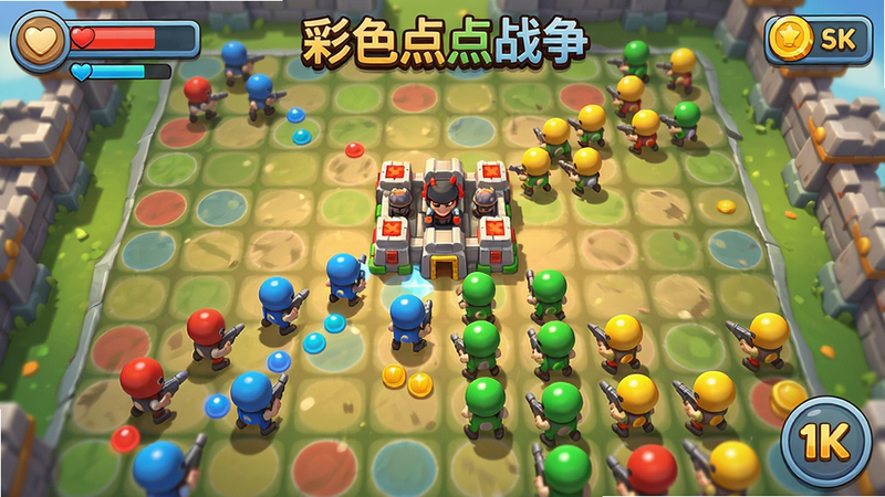 A vibrant battlefield filled with colorful dots, the game '彩色点点战争' interface showing a grid map with red, blue, green, and yellow dot soldiers marching towards a central enemy base, bright cartoon style, top-down view, soft lighting, high detail, game UI elements like health bars and coins visible, 4K, illustration style