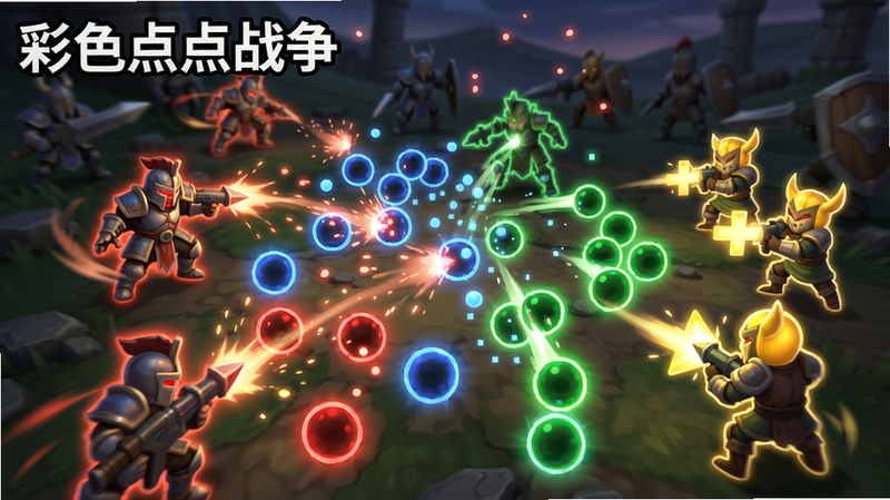 A close-up of a battle scene in '彩色点点战争' showing red dots attacking blue dots, green dots supporting red, and yellow dots healing, the color contrast is vivid, particles effect, glowing outlines, dynamic action pose, wide angle shot, fantasy game art style