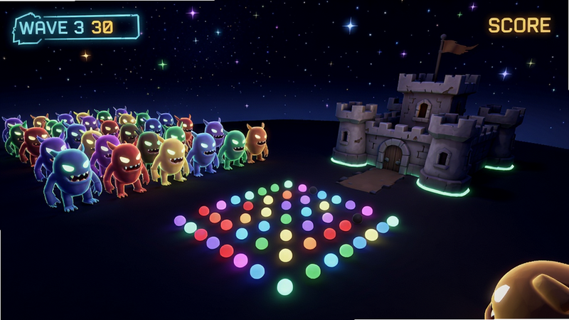 '彩色点点战争' infinite mode screen with a night theme, waves of colorful monsters approaching a small fort, player's dots arranged in a defensive formation, starry sky background, neon glow effects, UI showing wave number and score, cinematic lighting, 3D render style
