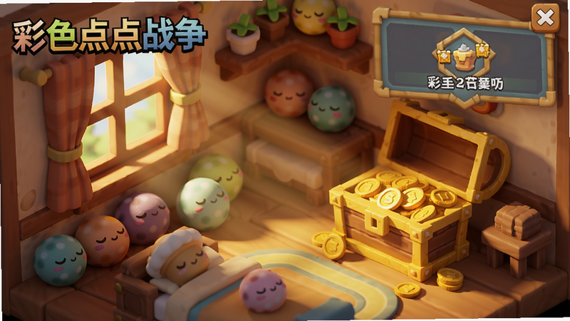 A cozy in-game house in '彩色点点战争' where dots are sleeping and a treasure chest glowing with coins, offline reward collection screen, afternoon sunlight streaming through window, warm color palette, 3D isometric view, friendly atmosphere