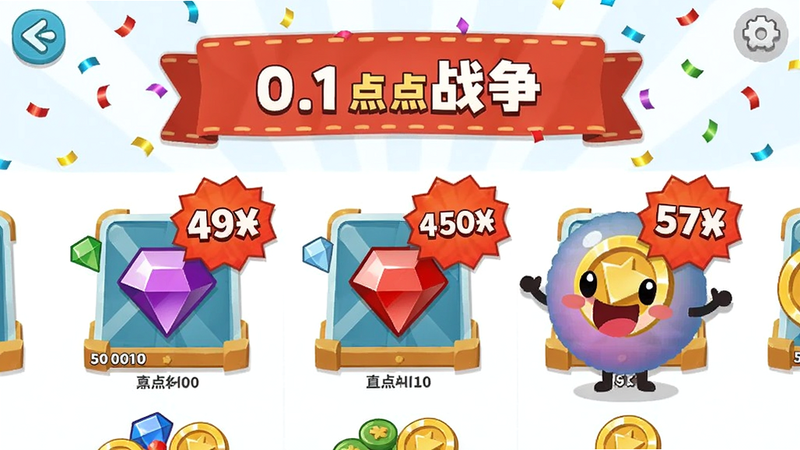 '彩色点点战争' shop interface showing a 0.1 discount sale banner, various colorful gem and coin packages with huge discount tags, a smiling animated dot mascot, bright UI, festive confetti, clean minimalist design, mobile game store screenshot