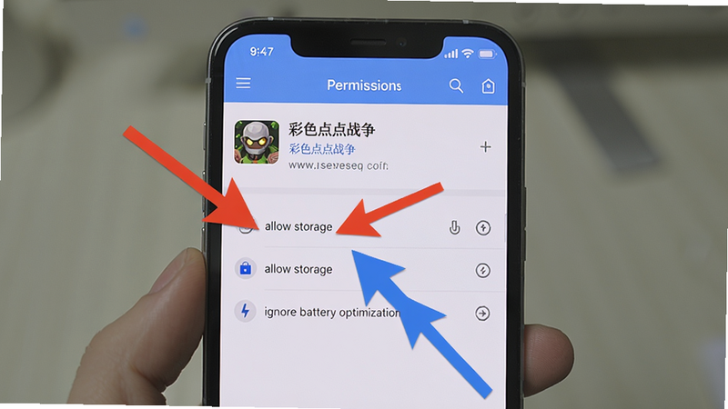 A step-by-step tutorial overlay on the phone screen showing how to adjust permissions for '彩色点点战争', red arrow pointing to 'allow storage', blue arrow pointing to 'ignore battery optimization', realistic phone mockup, clean interface, instructional style