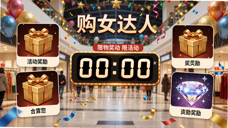 展示购物女达人限时活动界面,中央有倒计时计时器,周围是活动奖励预览,包括金色服装礼盒和钻石。背景是节日装饰的商场,气球和彩带。画面动感,突出紧迫感和奖励丰富。|alt=购物女达人预览图