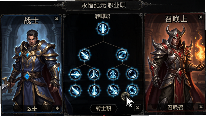 永恒纪元职业转职界面,战士、法师、召唤师三个角色分立两侧,中间显示转职树状图,技能图标发着蓝光,画面整体为游戏UI风格,包含鼠标光标示意操作