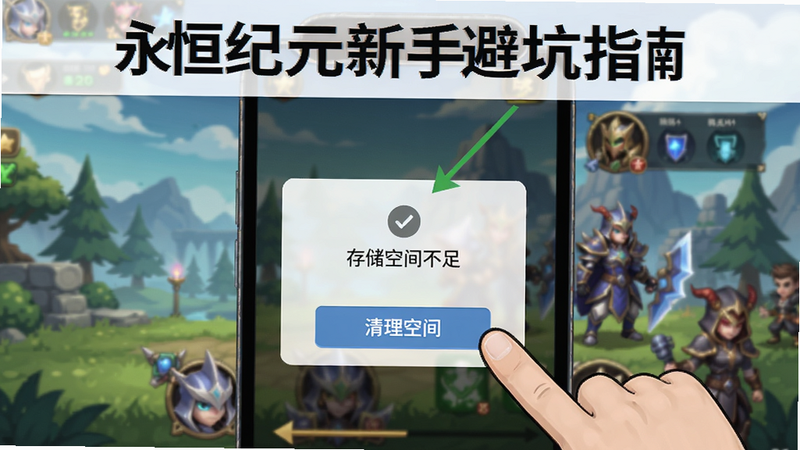 永恒纪元新手避坑指南示意图,手机屏幕中显示“存储空间不足”弹窗,旁边有手指点击“清理空间”按钮,背景为游戏主界面,画面简洁有指导性