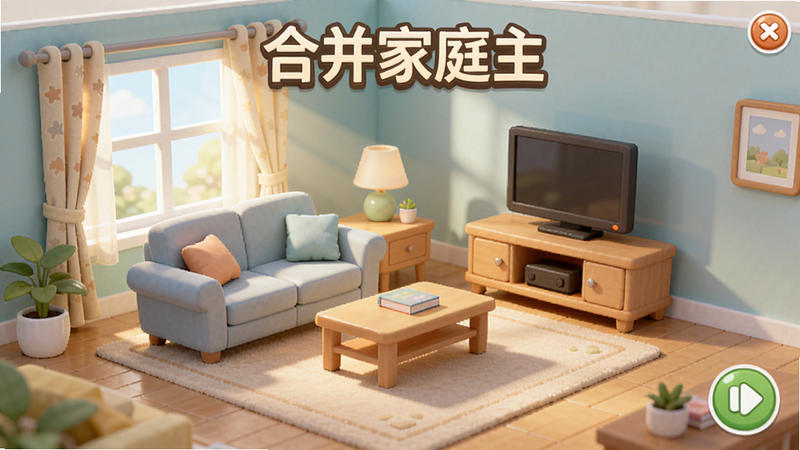 画面中央展示《合并家庭主》游戏主界面,一张整洁的客厅场景,中间放置着几件待合并的家具(如沙发、茶几),背景是淡雅色调的墙壁和窗户,阳光透过窗帘洒进来,整体温馨明亮,突出合并玩法和家庭氛围。