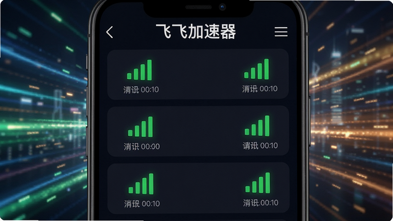 手机屏幕展示飞飞加速器节点选择界面,多个节点以绿色信号强度显示,背景为动态光效,软件名称飞飞加速器置于顶部