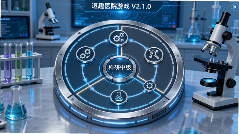 逗趣医院游戏软件V2.1.0科研中心界面,画面中央是一个科技感圆盘,分成三个扇形区域分别代表三大科研分支,每个分支上有可点击的节点图标,节点之间用线条连接,背景是实验室风格,有试管和显微镜装饰,界面以蓝色和银色为主,突出科技升级的视觉感受