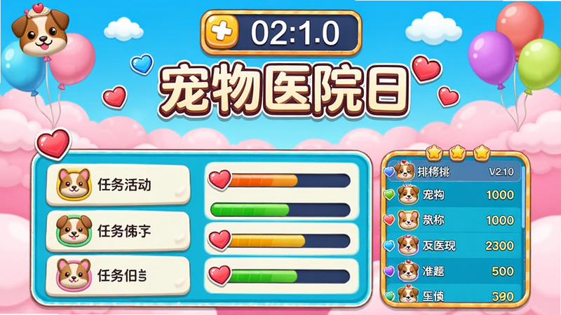 逗趣医院游戏软件V2.1.0活动挑战界面,画面上半部分显示倒计时和活动名称“宠物医院日”,下半部分是任务列表和进度条,旁边有排行榜滚动显示玩家昵称和分数,整体风格活泼,宠物头像和心形图案点缀,背景是粉色云朵和气球,渲染活动欢乐气氛