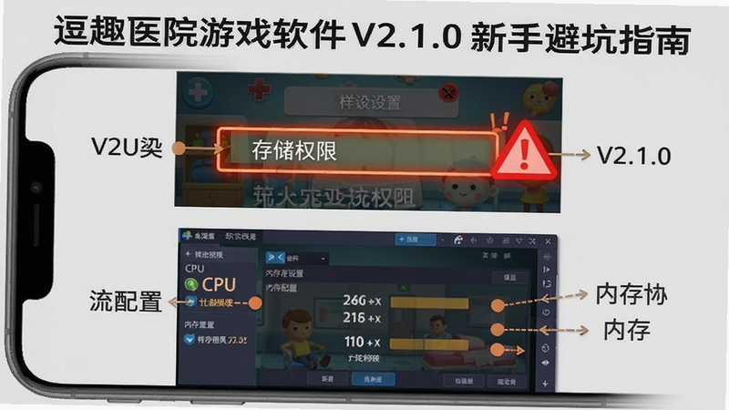 逗趣医院游戏软件V2.1.0新手避坑指南示意图,画面展示手机屏幕上的游戏设置界面,高亮显示“存储权限”选项,旁边有红色警告三角图标,下方是模拟器设置界面的截图,标注CPU和内存配置,整体风格为图文结合式教程,背景为浅灰色,突出关键操作点