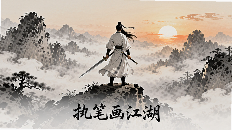 一幅唯美的水墨风格山水画,画面中央一位白衣侠客手持长剑站立于山巅,背景是云雾缭绕的群山和夕阳,下方有“执笔画江湖”字样,整体风格古典诗意,色彩淡雅,细节丰富,适合Boogu模型生成