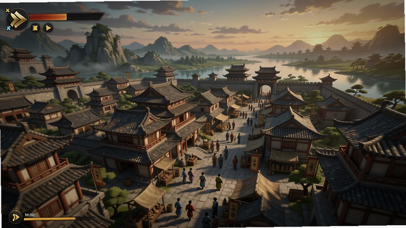 执笔画江湖游戏中的广阔地图场景,画面中一座古代城市建筑群,街道上行人络绎不绝,远处有青山绿水,天空呈现黄昏色调,细节丰富,光影真实,呈现国风武侠氛围,适合Boogu模型生成