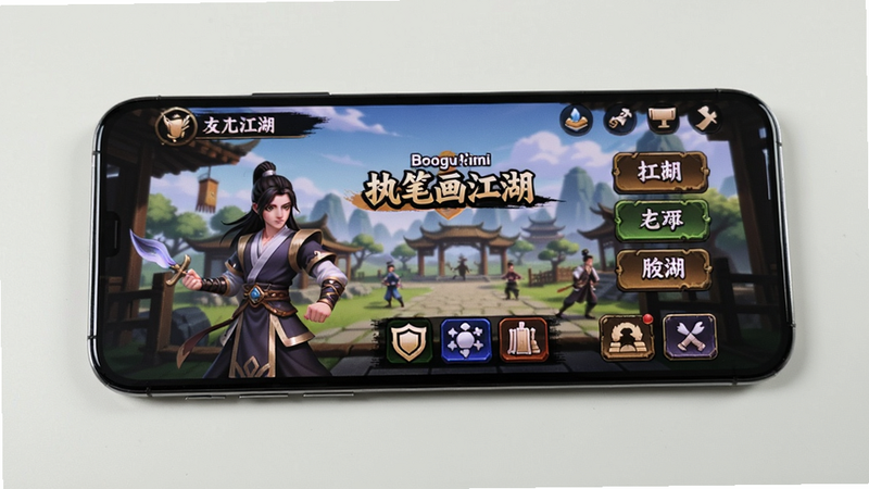 一张手机屏幕显示执笔画江湖游戏界面的实拍图,画面中游戏主界面有角色立绘和功能按钮,手机边缘清晰,背景整洁,适合Boogu模型生成