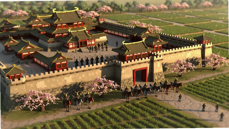 我们的帝国亚洲地图场景,展示东方风格宫殿和城墙,周围有樱花树和稻田,武士与骑兵列队,画面以金色和红色为主色调,光影效果细腻,充满东方韵味