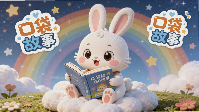 画面中央是一个可爱的卡通小兔子抱着绘本坐在云朵上,背景是彩虹和星星,周围漂浮着“口袋故事”的Logo,整体色彩明亮温暖,适合儿童主题,采用Boogu模型生成,画面主体坐标(0.5,0.5),背景为星空和草地。