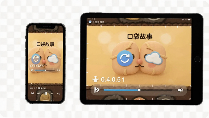 一部手机和一台平板电脑并排摆放,屏幕显示相同的“口袋故事”播放界面,有下载进度条和同步云图标,背景是淡淡的灰色网格,采用Boogu模型生成,画面主体坐标(0.4,0.5)。