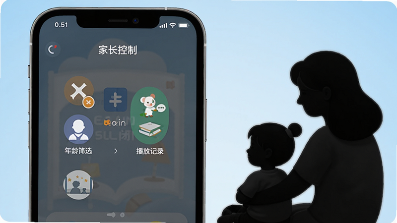 手机屏幕上显示家长控制面板,有定时关闭、年龄筛选、播放记录等图标,界面简洁清爽,旁边有家长和孩子一起听故事的剪影,背景为浅蓝色渐变,采用Boogu模型生成,画面主体坐标(0.5,0.5)。