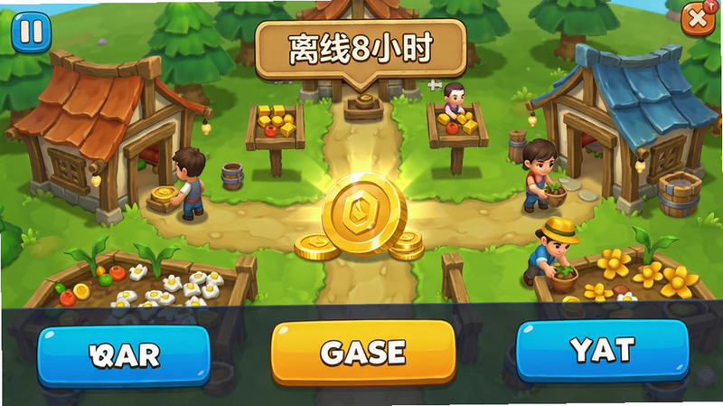 合并村庄离线收益界面,显示收取金币动画,村民小人在村庄中忙碌,上方飘浮着“离线8小时”标签,界面整洁,按钮醒目,色彩明亮。