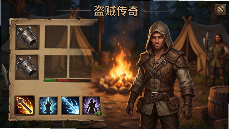 盗贼传奇预览图,游戏内角色界面,显示装备和技能,背景是营地篝火,温暖色调,细节清晰
