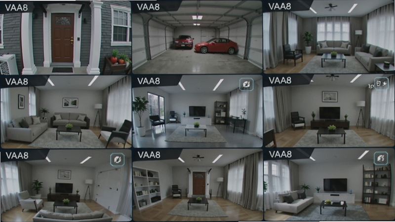 VAA8多摄像头网格预览图,展示9宫格监控画面,每个小窗显示不同场景如门口、车库、客厅,画面左上角标注设备名称,整体色调偏冷,科技感强。
