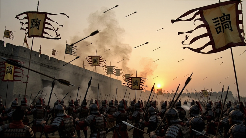 烽烟云起国战场景,无数士兵在城墙下激战,空中箭矢纷飞,旗帜飘扬,夕阳映照战场