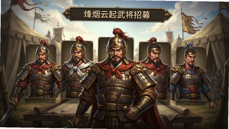 烽烟云起武将招募界面,多位历史名将立绘展示,背景是军营大帐,界面华丽,光影细腻