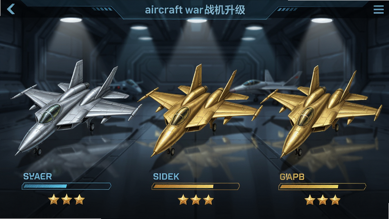 super fighter:aircraft war战机升级界面,多架不同等级的银色、金色战机排成一排,每架战机下方有等级条和星级,背景为科幻风格的机库,灯光聚焦,细节清晰,UI界面简洁