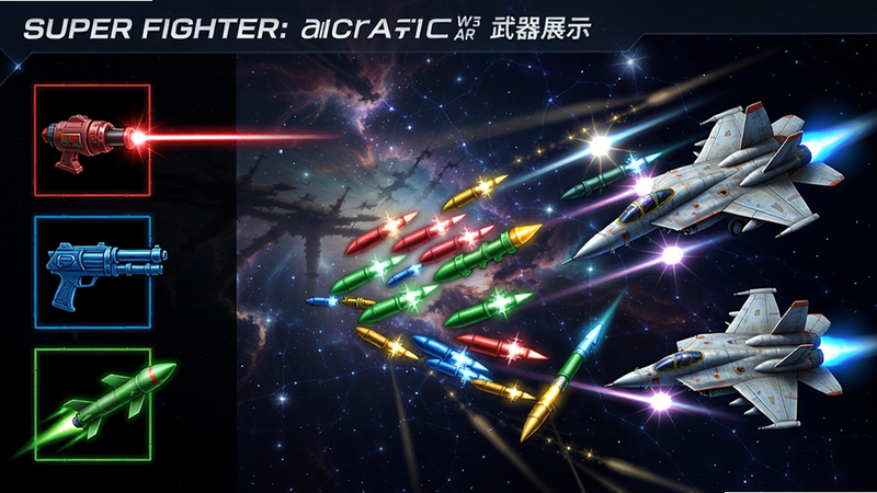 super fighter:aircraft war武器展示界面,左侧排列着红色激光炮、蓝色散弹枪、绿色追踪导弹等图标,右侧有战机模型正在发射彩色弹幕,背景为动态星空,光效绚丽