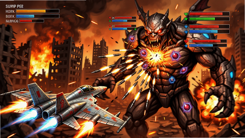 super fighter:aircraft war实战截图,玩家战机正在发射密集弹幕攻击巨型BOSS,BOSS有多个血条和弱点部位,背景是燃烧的城市废墟,画面充满爆炸火花,色彩饱和度高