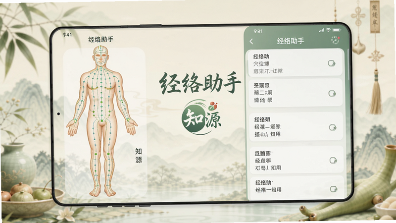 全景展示经络助手app界面,左侧显示人体经络图谱,右侧列出穴位列表,背景为柔和的中医养生色调,整体画面清晰专业,突出“经络助手”名称和“知源”品牌,适配Boogu模型生成。