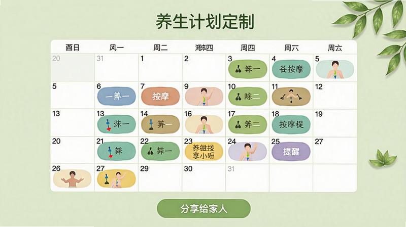 养生计划定制页面,日历视图上标记了不同颜色的穴位按摩提醒,底部有“分享给家人”按钮,整体采用淡绿色背景,清新自然。
