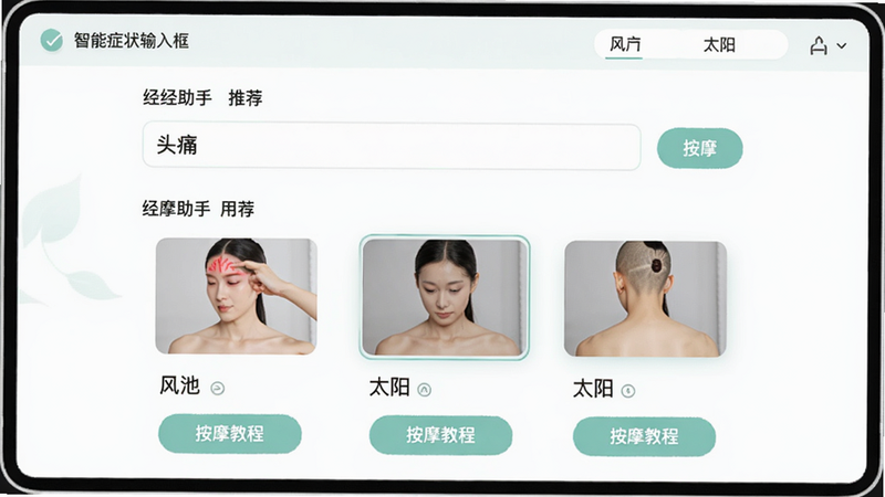 智能症状输入框页面,用户输入“头痛”后,经络助手推荐出风池、太阳等穴位,每个穴位下方有“按摩教程”按钮,界面风格清新简洁。
