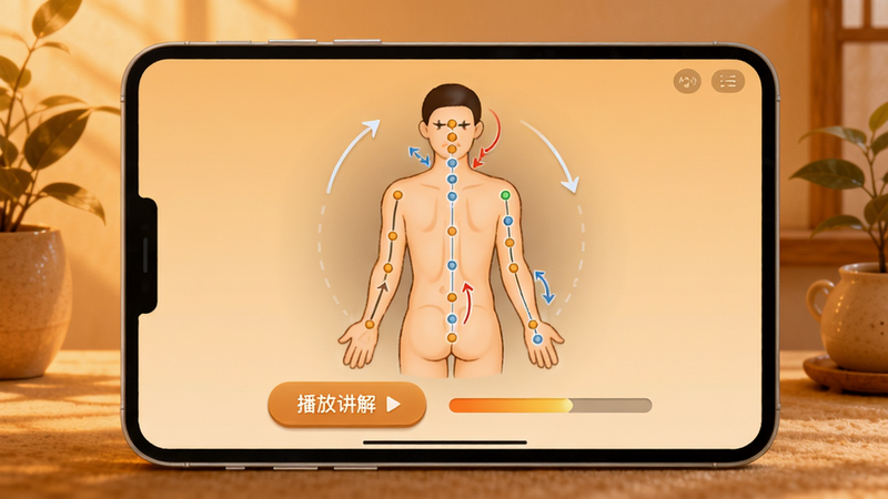 经络助手语音跟练界面,屏幕中央显示穴位定位动图,下方有“播放讲解”按钮,旁边有缓存进度条,背景为暖色调,突出温馨学习氛围。