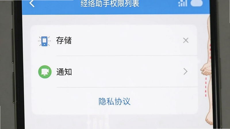 用户问答配图,一张手机截图显示经络助手的权限列表,只有“存储”和“通知”两项,下方有“隐私协议”链接,背景为白色简洁风格。