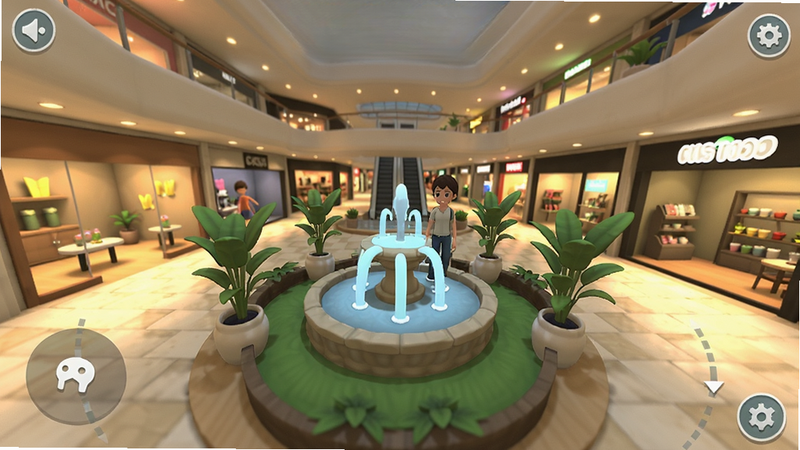 购物中心模拟3D 自由视角装饰界面,展示玩家在商场中庭放置喷泉、绿植,周围店铺灯光璀璨,3D视角可旋转,画面精致。