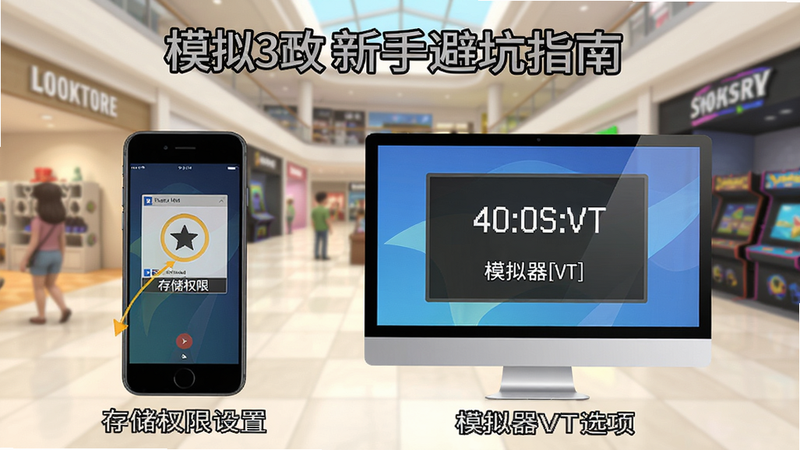 购物中心模拟3D 新手避坑指南示意图,显示手机和电脑两种设备,标注存储权限设置位置、模拟器VT选项,背景为游戏商场内部,简洁明了。