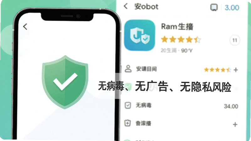 轻下载安全检测报告示意图,画面显示手机屏幕上有一份绿色盾牌图标,旁边列出“无病毒、无广告、无隐私风险”字样,背景为应用商店评分页面,整体色调清新安全。