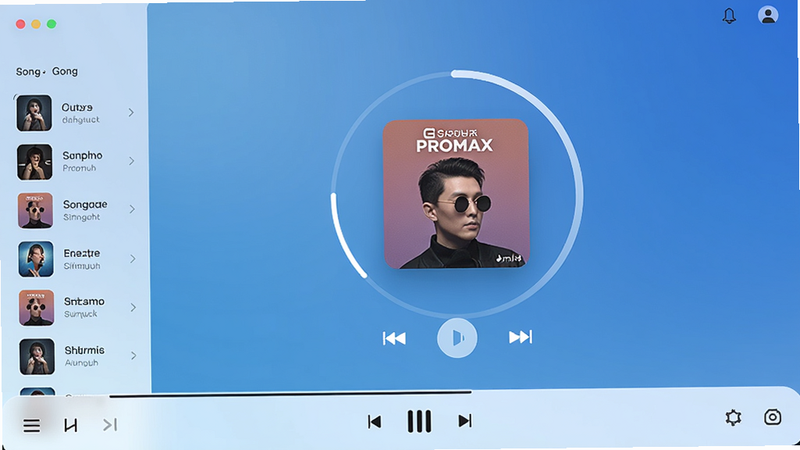 忘欺音乐Promax主界面展示,全屏播放器背景为渐变蓝色,中央显示专辑封面与圆形进度条,左侧列表有歌单分类,底部播放控制栏,整体风格极简现代,高清质感,适配Boogu模型生成
