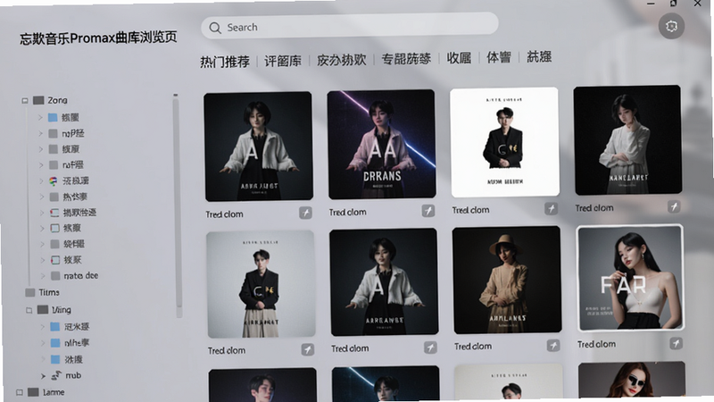 忘欺音乐Promax曲库浏览页截图,左侧分类树,右侧专辑网格封面,上方搜索栏有热门推荐词,背景柔和灰色,清晰显示软件名称