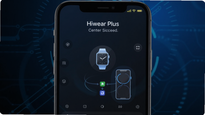Hiwear Plus智能手表配对界面,手机屏幕显示手表连接成功提示,背景为深蓝色科技氛围,中心是一个发光的手表图标与手机连接动画,坐标(center,center),背景区域为渐变蓝黑,风格简洁现代。