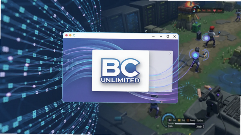 画面中央展示BC Unlimited的悬浮窗界面,背景为半透明高速网络数据流与游戏场景叠加,风格科技感,光线明亮,色彩以蓝紫色为主,突出流畅与稳定。Boogu模型生成。