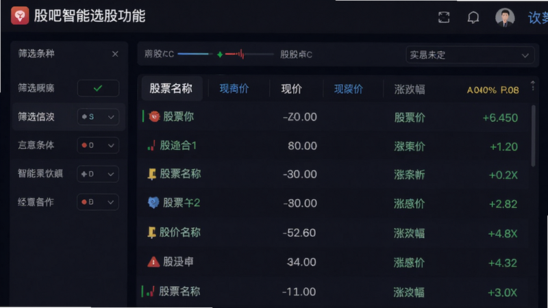 股吧智能选股功能界面,显示筛选条件选项和结果列表,列表包含股票名称、现价、涨跌幅等字段,背景为深色主题,突出数据对比。