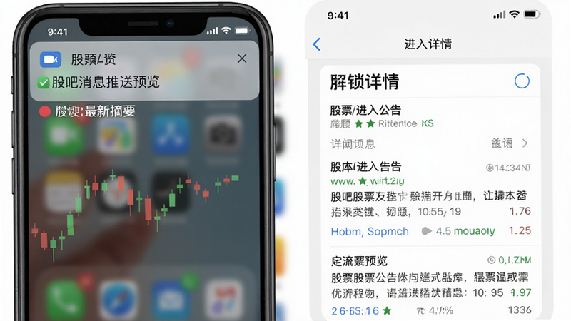 股吧消息推送预览图,手机通知栏显示某股票最新公告摘要,解锁后进入详情页,背景为系统原生UI风格。