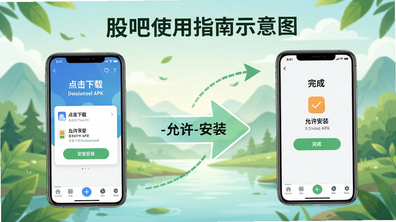 股吧使用指南示意图,展示手机安装APK步骤,从左到右依次为“点击下载-允许安装-完成”,背景清新自然,带箭头指引。