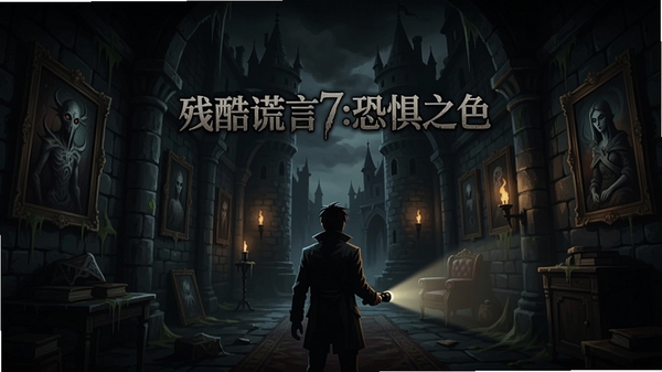游戏主界面场景,一个阴森的城堡内部,主角手持手电筒,墙上挂满神秘画作,中间显示